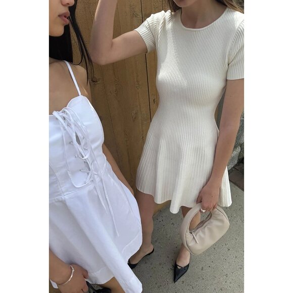OAK + FORT Ribbed Short Sleeve Mini Dress in Cream - Picture 2 of 4